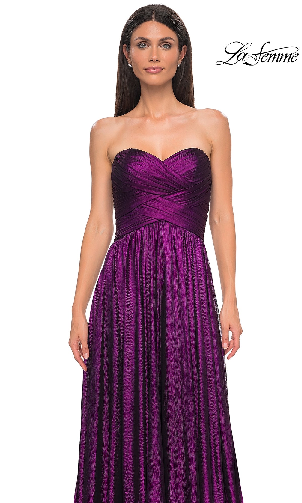 A woman in the La Femme 32382 strapless long metallic prom dress with a fitted bodice and flowing skirt; “La Femme” logo in the corner.